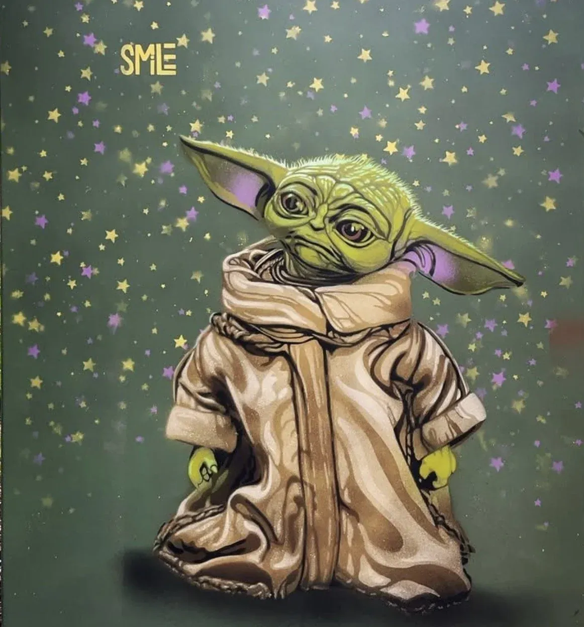 Baby Yoda (Grogu) street art by SMiLE at Ebin G Fine Park (101 Arapahoe Ave). Painted on an object right off the trail.